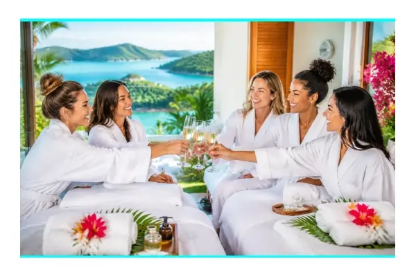 Group of happy clients celebrating with champagne after a spa session at a St Maarten villa.
