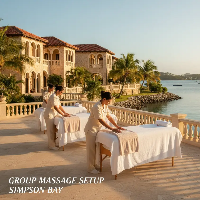Group of friends receiving outdoor massage at a luxury villa in Simpson Bay.