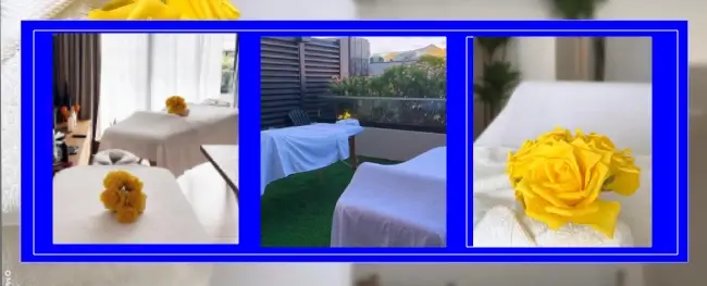 Photo collage of SXM Mobile Massage setups in St Maarten — an indoor villa massage room, an outdoor terrace massage table with a city view, and yellow rose styling detail
