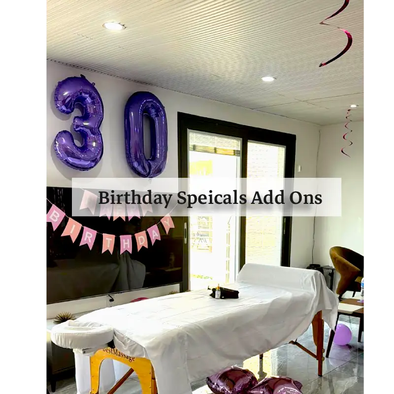St Maarten Mobile Massage Birthday Specials A decorated room with purple “30” balloons, a “BIRTHDAY” banner, a massage table with a white cover, and pink balloons, set up for a birthday celebration. Text reads: “Birthday Speicals Add Ons.