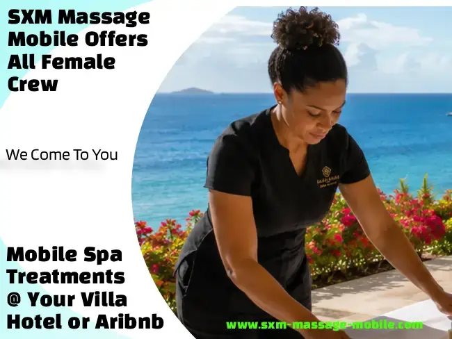 Two massage therapists preparing tables for a group wellness session at a luxury villa in Simpson Bay, St Maarten.