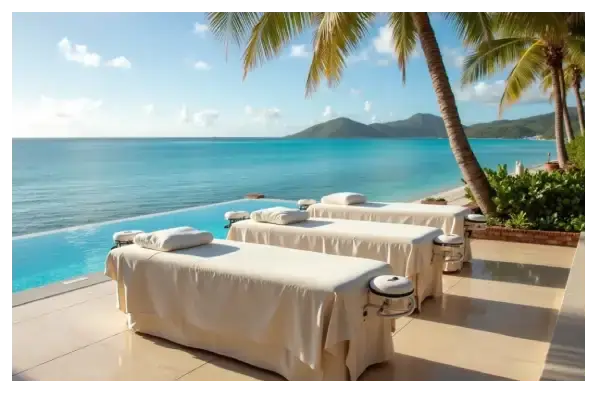 Therapists setting up massage tables for a group wellness session at a villa in Simpson Bay, St Maarten.