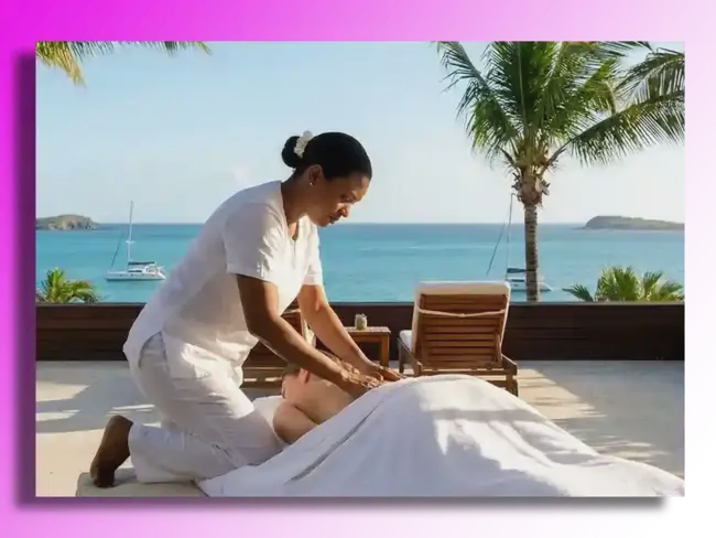 Two massage therapists preparing tables for a group wellness session at a luxury villa in Simpson Bay, St Maarten.