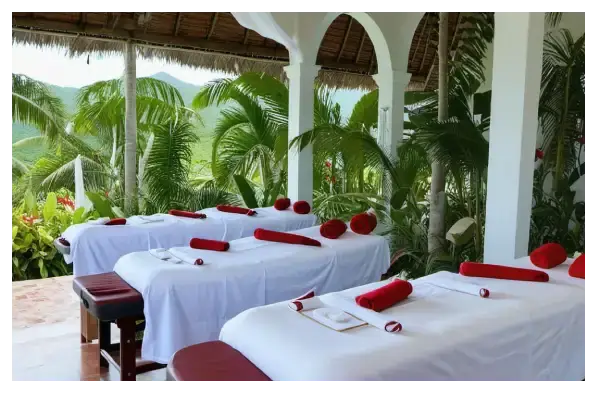 Multiple massage tables set up for a group spa session at Cupecoy Cliff with ocean views.