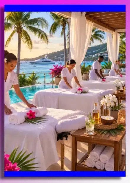 Therapists setting up massage tables for a group wellness session at a villa in Simpson Bay, St Maarten.