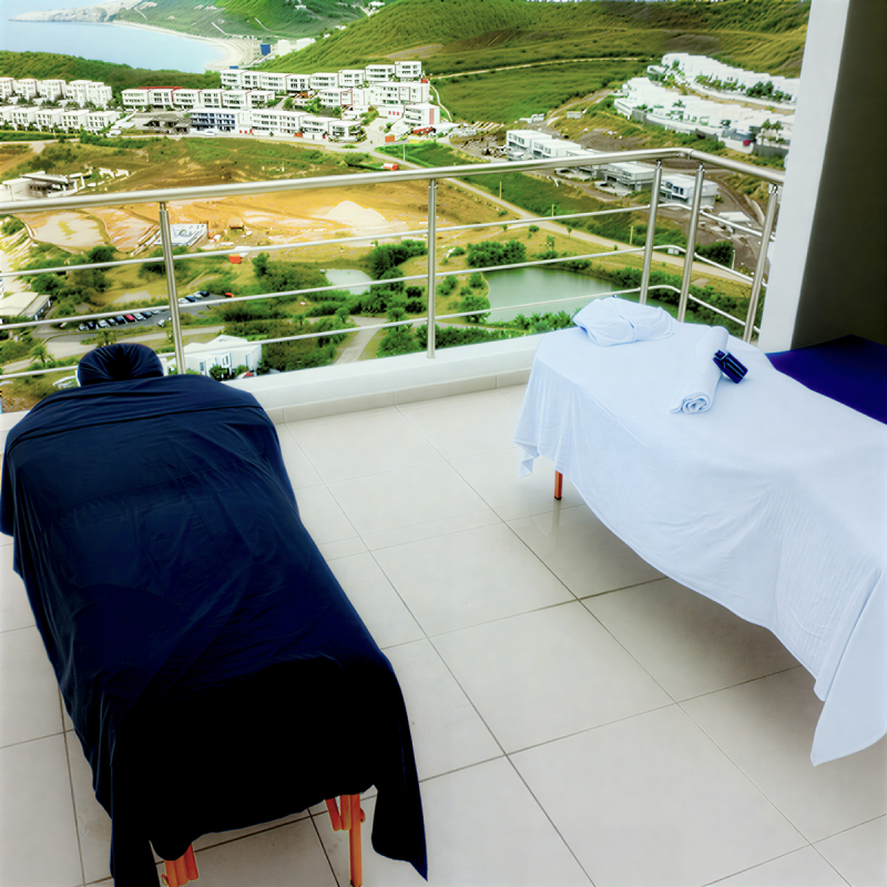 Mandera Residence St Maarten Massage Deck SXM Massage Mobile setup at Mandera Residence St Maarten with two tables facing ocean