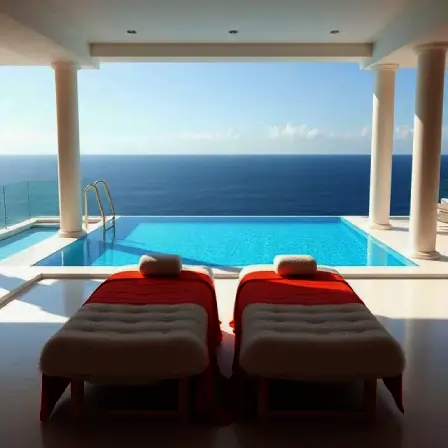 Two luxury massage tables with red linens beside an infinity pool overlooking the Caribbean Sea