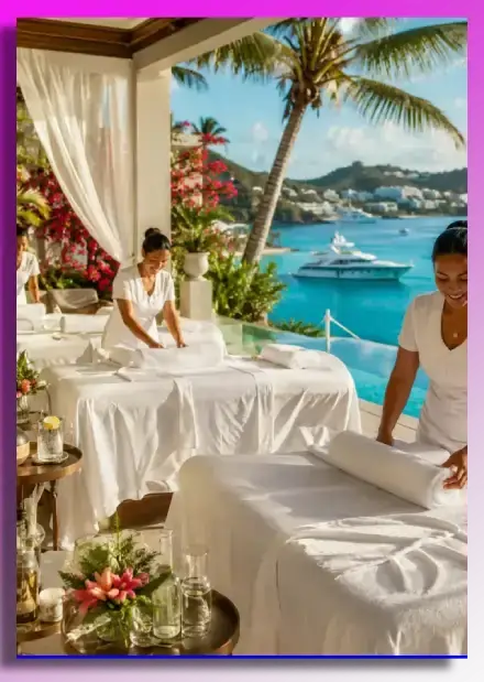 Two massage tables set up side-by-side for a couples spa experience with a view of Simpson Bay.