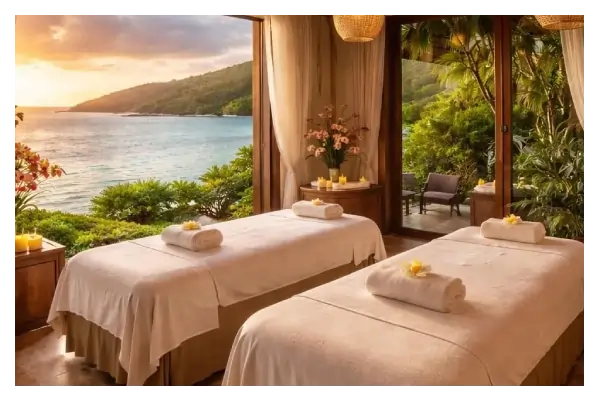 Couple's massage room with two treatment tables overlooking the ocean in St. Maarten.