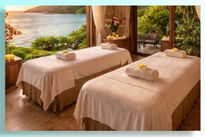 Happy couple enjoying a massage with ocean view in St Maarten