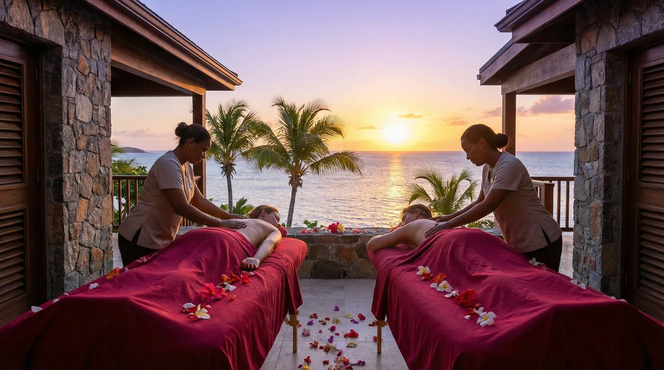 Couple enjoying early evening massage therapy at their St. Maarten villa as the sun sets over the Caribbean 