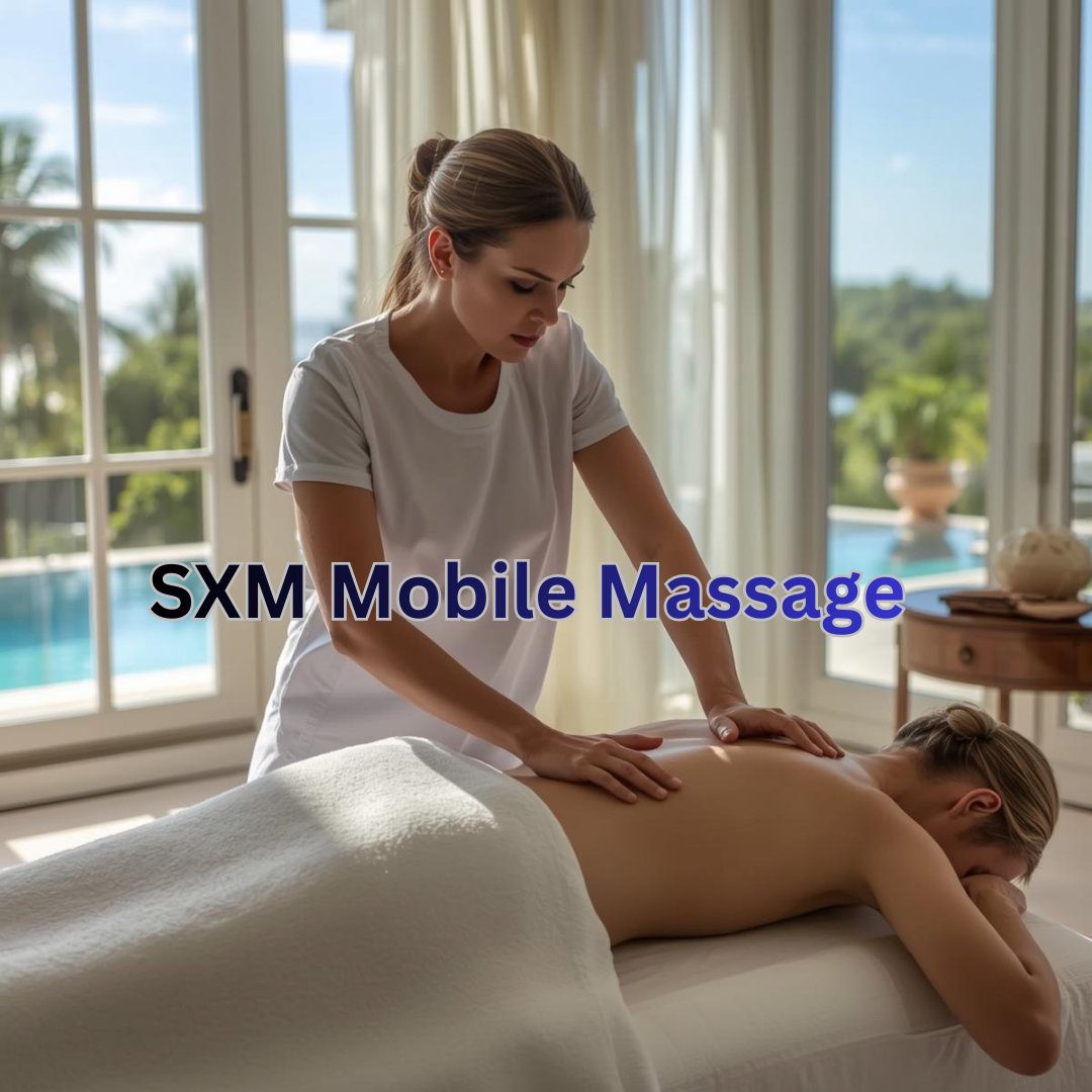A massage therapist gently works on a client's back in a sunlit room with large windows overlooking a pool and trees. Text reads 'SXM Mobile Massage.'